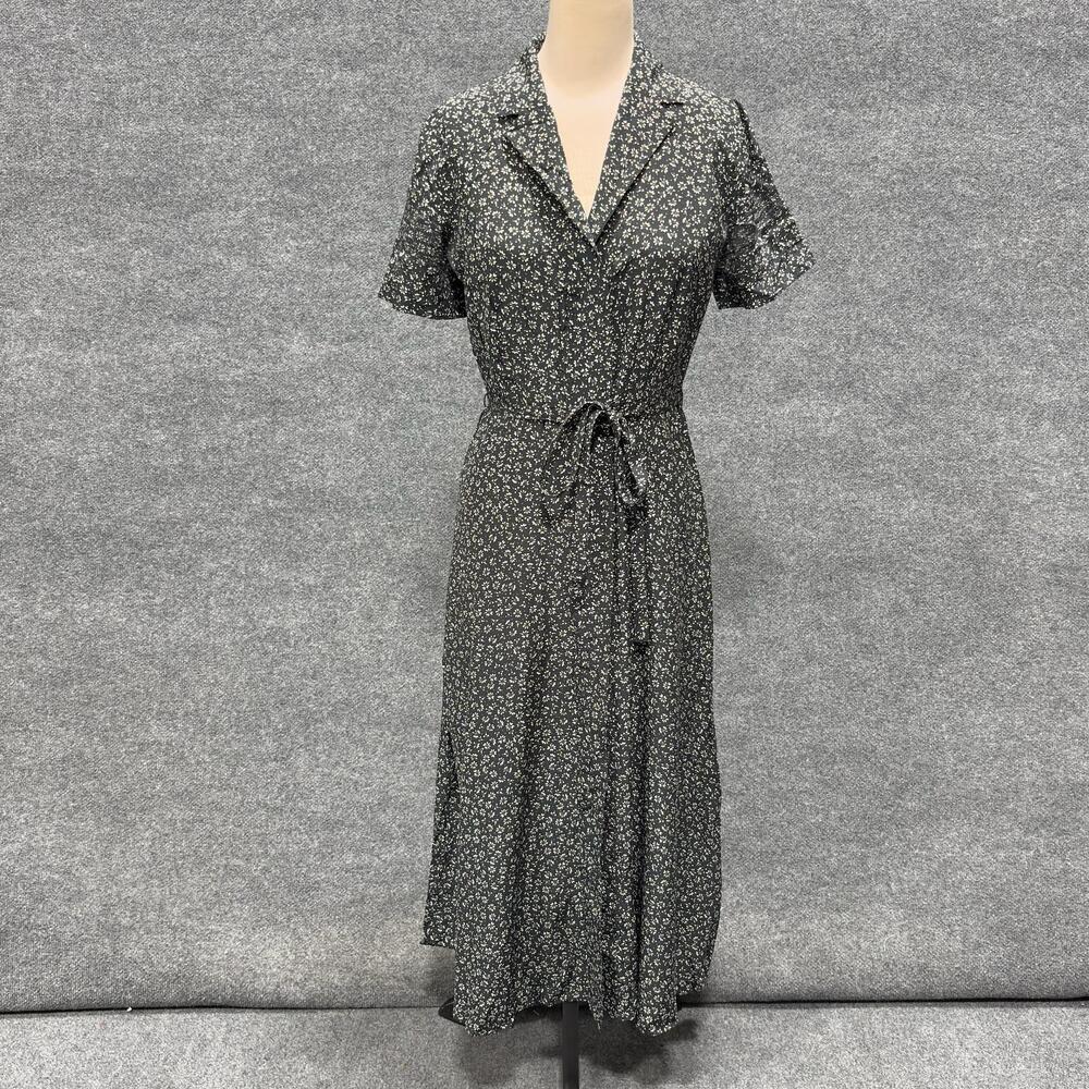 Club Monaco Dress Womens M Black Silk Floral Short Sleeve Belted Shirt Midi